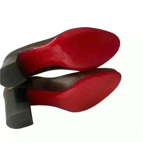 CHRISTIAN LOUBOUTIN Aperto WM Brown Leather Peep Toe Block Heels Pumps Sz 37.5 - Picture 12 of 16